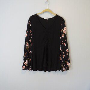Maurices Black Floral Ribbed Knit Woven Long Sleeve Ruched Front Top Sz M